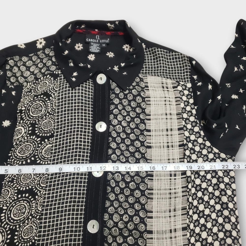 VTG Carole Little Mixed Print Patchwork Button Front Tunic Blouse Black White 14 - Picture 9 of 13